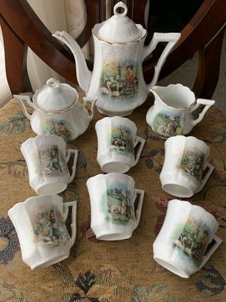 Vintage 9 Piece Child’s Tea Set Complete W/teapot,  Creamer,  Sugar& 6cups,  Stencil