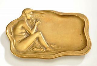 F.  Rasumny Art Nouveau Gold Gilded Ashtray Or Tip Tray (4.  5 " X 3 ")