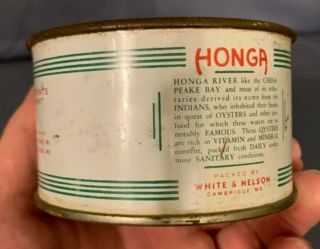 VINTAGE RARE HALF PINT HONGA BRAND OYSTER TIN CAN WHITE & NELSON CAMBRIDGE MD 5