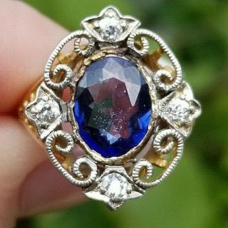 Vintage Oval Blue Sapphire Diamond 14k Yellow Gold Ring/band