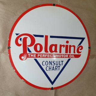 POLARINE THE PERFECT MOTOR OIL VINTAGE PORCELAIN SIGN 18 INCHES ROUND 3