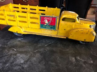Vintage 1940’s Yellow Marx Coca - Cola Sprite Boy Pressed Steel Delivery Toy Truck