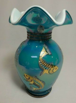 Vtg Signed Fenton Turquoise Overlay Vase,  Seahorse & Fish,  Hand Painted Perfect