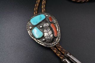 1960s Vintage Navajo Turquoise Red Coral Sterling Silver Bolo Tie 18 " M655