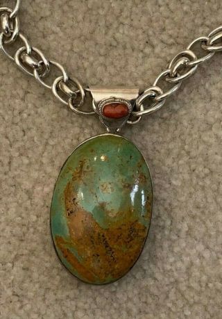 Heavy Silver & Turquoise Pendant On Heavy Sterling Chain