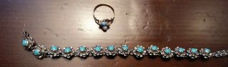 Vintage Taxco Mexican Sterling Silver Turquoise Flower Link 7.  25 " Bracelet With