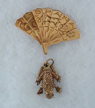 Vintage 18K Solid Yellow Gold Charm ESPANA Fan And 14K Gold Frog Charm 2