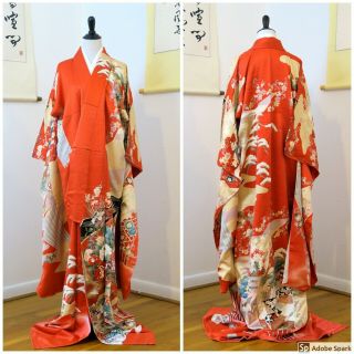Hanakago Furisode | Vintage Silk Japanese Orange - Red Coming - Of - Age Kimono