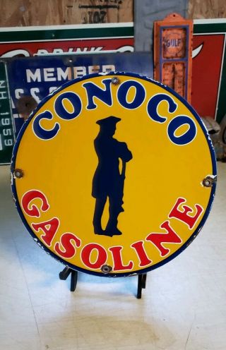 Conoco Gasoline Porcelain Sign Vintage Gas Pump Plate Minute Man Service