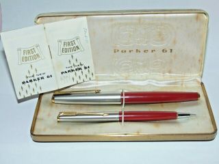 Boxed Vintage First Edition Red Parker 61 Fountain Pen & Liquid Lead Pencil Set