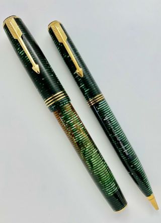 Vintage Parker Vacumatic Fountain Pen Pencil Set Emerald Green 14k Restored