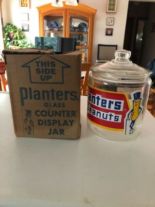 Vintage Planters Mr Peanut Glass Counter Display Cookie Jar W Lid & Box