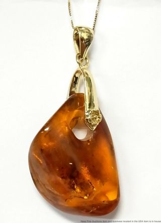 Vintage 22ct Amber Large Freeform Pendant W 14k Gold Necklace Chain