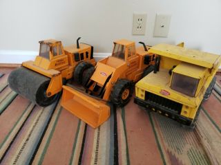 Vtg Mighty Tonka Roller,  Dump Truck,  Loader Pressed Steel 1970s Orange Yellow