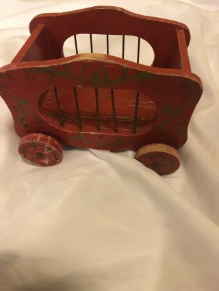 Vtg Wooden Circus Wagon Cart Moving Wheels Red Painted Gold Details Metal Bars