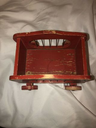 VTG Wooden Circus Wagon Cart Moving Wheels Red Painted Gold Details Metal Bars 2