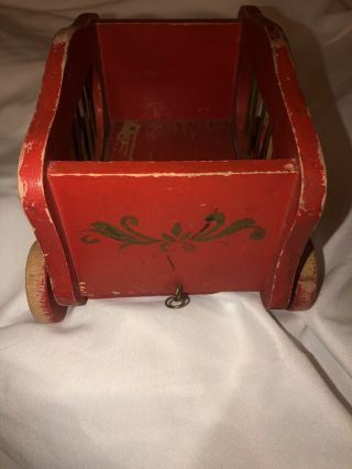 VTG Wooden Circus Wagon Cart Moving Wheels Red Painted Gold Details Metal Bars 3