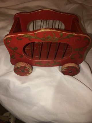 VTG Wooden Circus Wagon Cart Moving Wheels Red Painted Gold Details Metal Bars 4