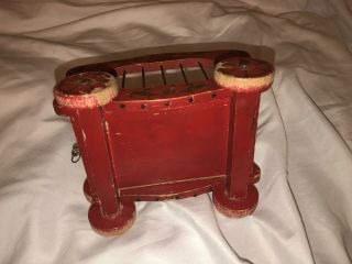 VTG Wooden Circus Wagon Cart Moving Wheels Red Painted Gold Details Metal Bars 5