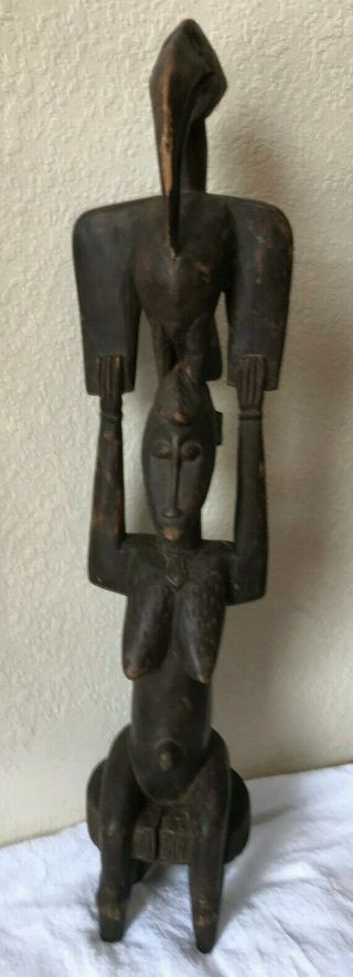 African Senufo Woman w/Hornbill Primitave Ivory Coast Mali Hand Carved Very Rare 12