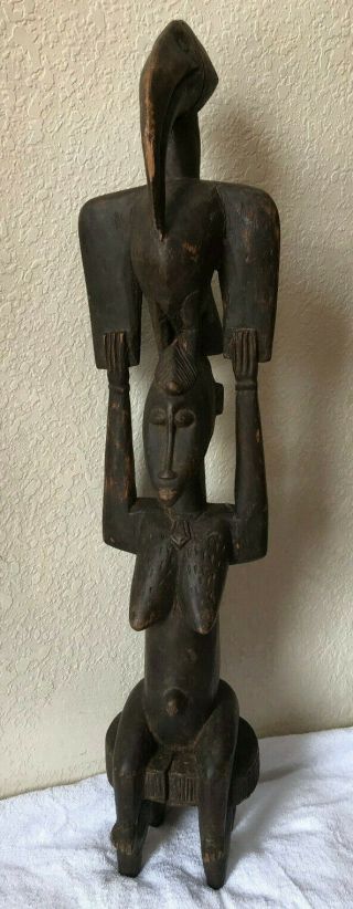 African Senufo Woman w/Hornbill Primitave Ivory Coast Mali Hand Carved Very Rare 3