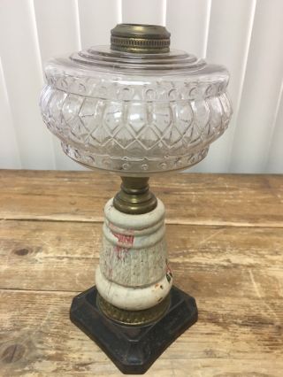 Metal Square Base Antique Gas Oil Lamp Font Ceramic Stem Vintage Rare