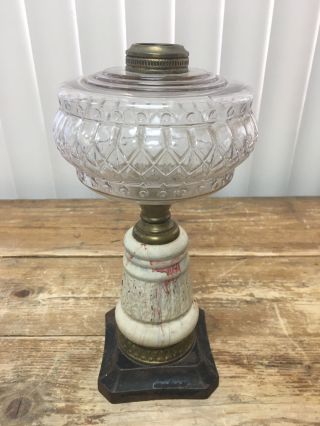 Metal Square Base Antique Gas Oil Lamp Font Ceramic Stem Vintage RARE 2