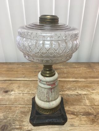 Metal Square Base Antique Gas Oil Lamp Font Ceramic Stem Vintage RARE 3