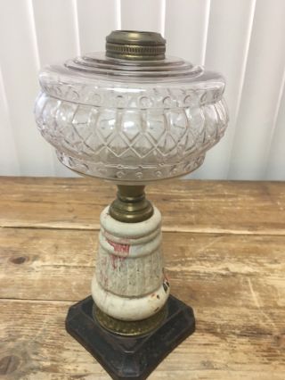 Metal Square Base Antique Gas Oil Lamp Font Ceramic Stem Vintage RARE 4