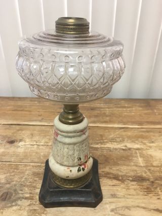 Metal Square Base Antique Gas Oil Lamp Font Ceramic Stem Vintage RARE 5