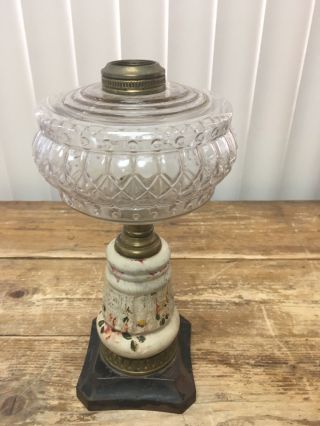 Metal Square Base Antique Gas Oil Lamp Font Ceramic Stem Vintage RARE 6