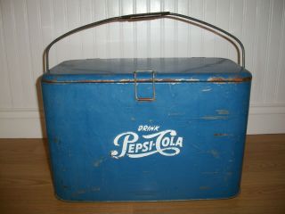 1950s Vintage Blue " Drink Pepsi - Cola " Soda Pop Metal Ice Cooler Chest