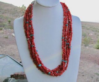 Red Coral Turquoise Native American Pawn 5 Strand Vintage Necklace 25 Inch
