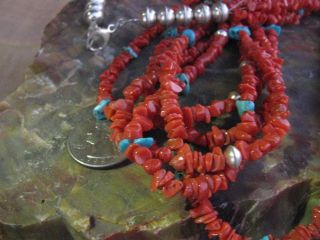 Red Coral Turquoise Native American Pawn 5 Strand Vintage Necklace 25 inch 2