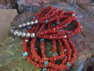 Red Coral Turquoise Native American Pawn 5 Strand Vintage Necklace 25 inch 3