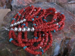 Red Coral Turquoise Native American Pawn 5 Strand Vintage Necklace 25 inch 4