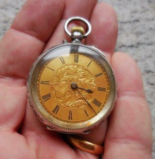ANTIQUE LADIES STERLING SILVER AND GILT ENGRAVED POCKET WATCH 1800 ' S 2