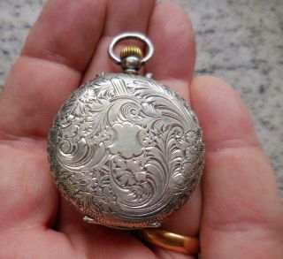 ANTIQUE LADIES STERLING SILVER AND GILT ENGRAVED POCKET WATCH 1800 ' S 3