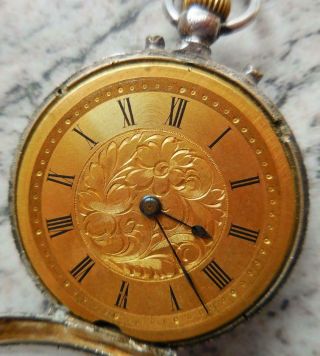 ANTIQUE LADIES STERLING SILVER AND GILT ENGRAVED POCKET WATCH 1800 ' S 6