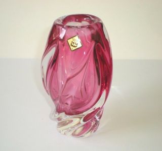 Chribska Glassworks Josef Hospodka Vintage Bohemian Cranberry Swirl Vase 1960’s