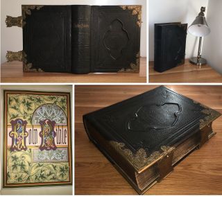 C1850 Large Antique Holy Bible Old & Testament Illustrated Leather Clasps