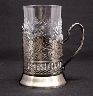 Set of 2 Russian Vintage Metal Holder Podstakannik w/ Cut Crystal Hot Tea Glass 2