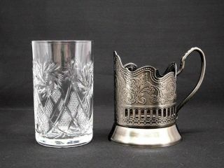 Set of 2 Russian Vintage Metal Holder Podstakannik w/ Cut Crystal Hot Tea Glass 3