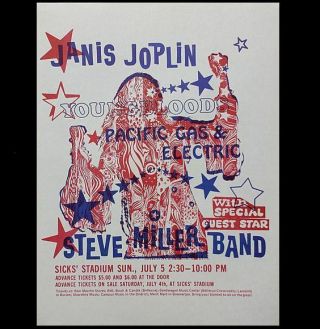 1969 Janis Joplin Steve Miller Concert Handbill Flyer Poster Sicks Stadium Rare