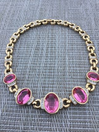 Vintage Panetta Gold Tone Pink Gem Rhinestone Choker Necklace