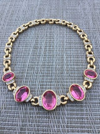 Vintage Panetta Gold Tone Pink Gem Rhinestone Choker Necklace 2