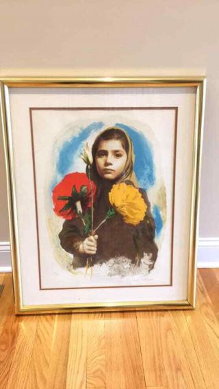 Vintage Sandu Liberman Color Lithograph Signed And Numbered Girl With Flowers