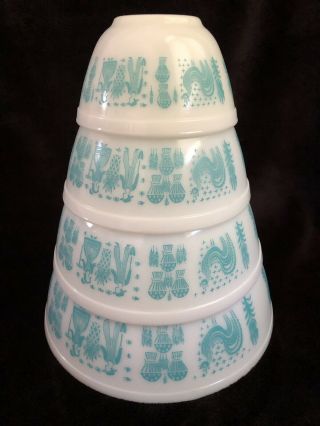 Vintage Pyrex Amish Butterprint Turquoise Nesting Bowls 4 Piece Set