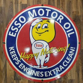 Esso Motor Oil Vintage Porcelain Sign 30 Inches Round