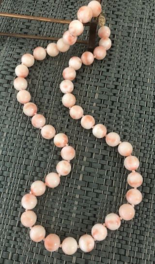 Vintage Natural Angel Skin Coral Hand Knotted Beaded Necklace W/ 14k Gold Clasp